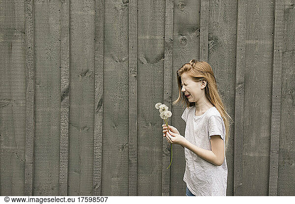 Girl with eyes closed holding dandelions by wall