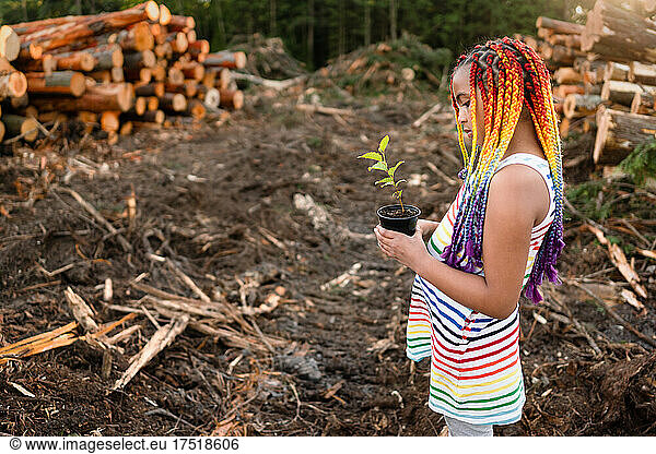 Girl with rainbow braids holds sapling