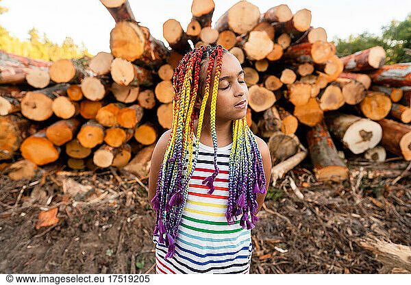 Girl with rainbow hair stands with eyes closed in front of pile