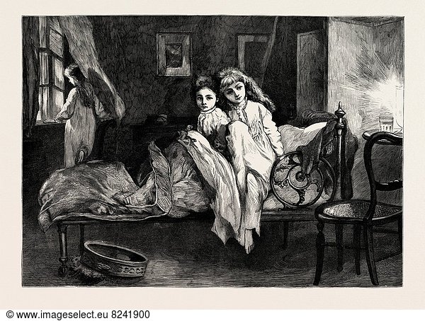 GIRLS IN BED  GIRL NEAR THE WINDOW  ENGRAVING 1884