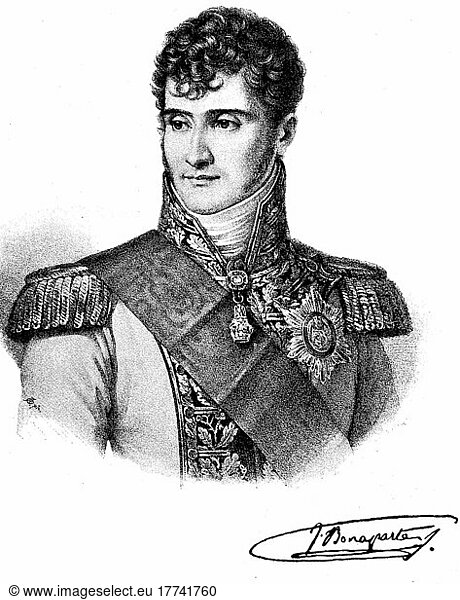 Girolamo Buonaparte  was the youngest brother of Napoleon Bonaparte. He was King of the Kingdom of Westphalia from 1807 to 1813  his official royal name there was Jerome Napoleon  Historical  digitally restored reproduction of an 18th century original