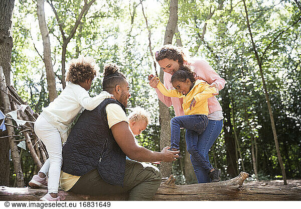 Glückliche Familie spielen auf gefallenen Stamm im Sommer Wald