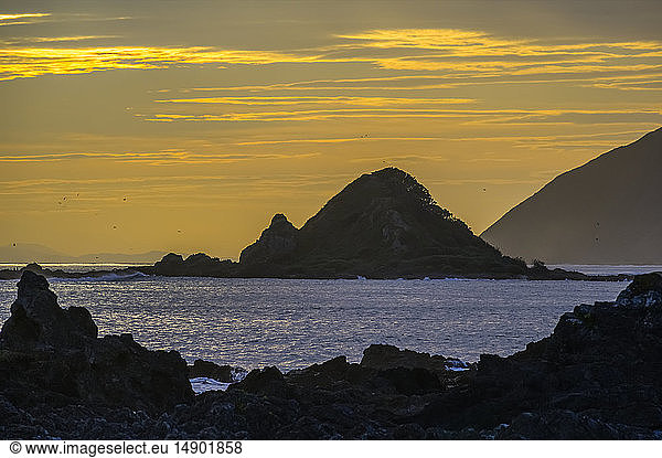 Glühende,  goldene Wolken und Silhouetten von Felsformationen und der zerklüfteten Küstenlinie entlang der Südküste bei Sonnenuntergang; Wellington,  Neuseeland