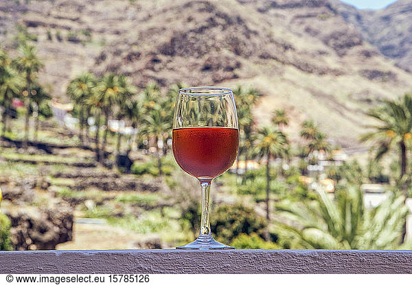 Glas roter Landwein an einer Wand  La Gomera  Spanien