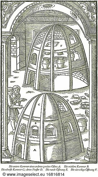 Glasofen  in dem sowohl die Rohstoffe verschmolzen als auch das Glas umgeschmolzen wird  historische Darstellung aus Georgius Agricola  De re metallica libri XII  Berg- und Hüttenwesen  Metallkunde  erschienen 1556