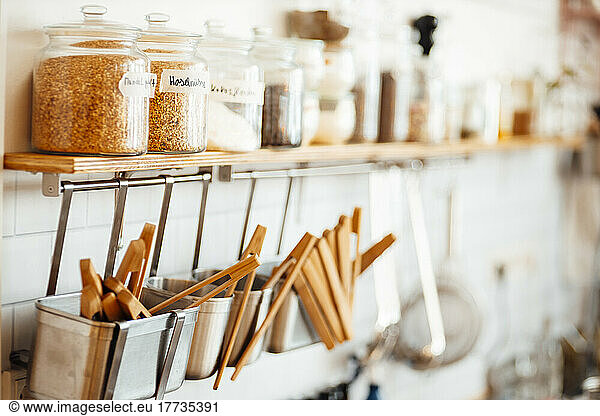 Glass Jars and chopsticks in kitchen at cafe