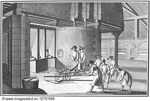 GLASS MANUFACTURE  1751. Manufacturing plate glass: a ladle of molten glass  ready to pour  is pulled out of the furnace onto a carriage. Line engraving  from 'L'Encyclopedie' of Denis Diderot  French  1751.
