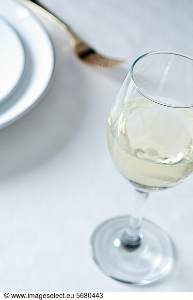 Glass of white wine on table