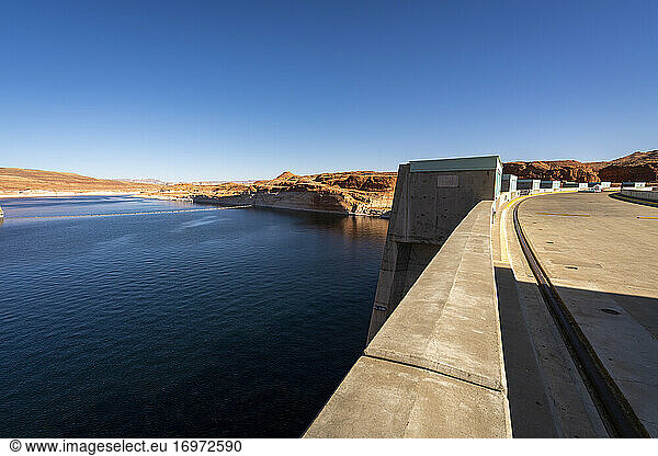 Glen Canyon Dam on Lake Powell during sunny day  Page  Arizona  USA