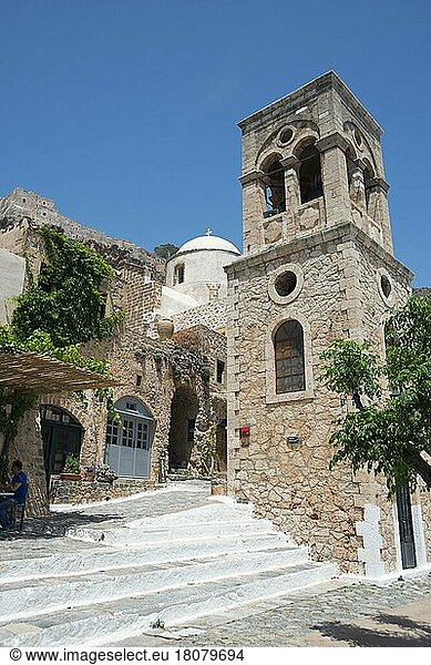 Glockenturm der byzantinischen griechisch-orthodoxen Kirche Christos Elkomenos  Christi  Unterstadt  Altstadt  Monemvasia  Lakonien  Peloponnes  Griechenland  Europa