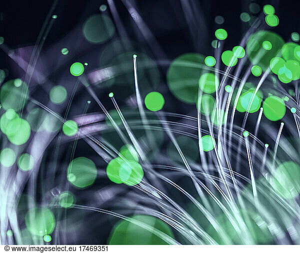 Glowing green fiber optics against black background