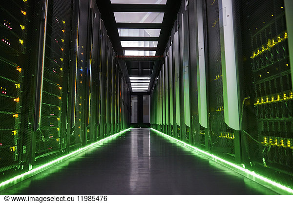 Glowing panels in dark server room