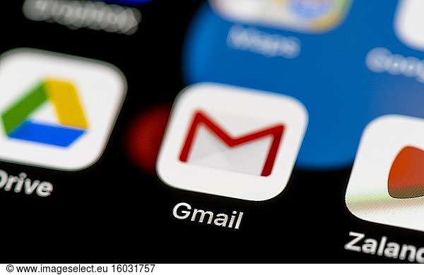 Gmail icon  email app  app icons on a mobile phone display  iPhone  smartphone  close-up