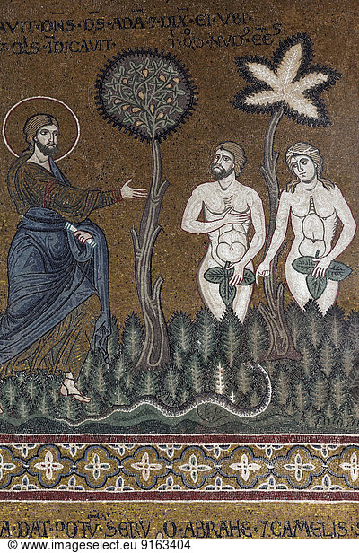 God speaking to Adam and Eve who are covered with a fig leaf God ...