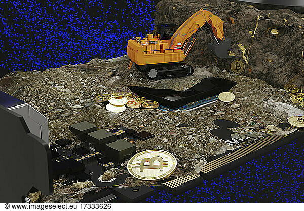 Gold bitcoins with toy earth mover
