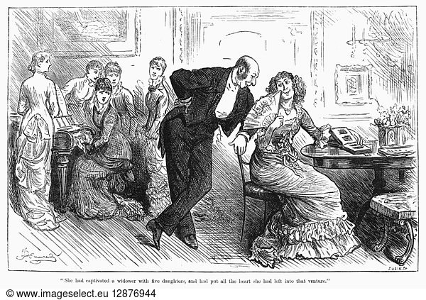 GOLD DIGGER  1880. 'She had captivated a widower with five daughters and had put all the heart she had left into that venture.' Wood engraving from an English newspaper column of 1880.