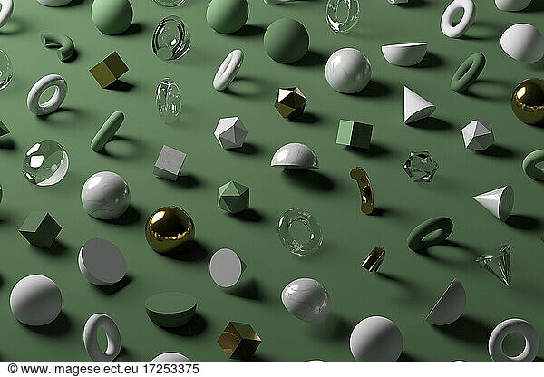 Gold  glass  marble geometric shapes against pastel green background