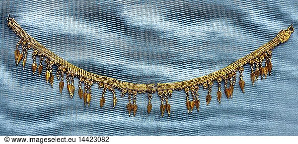 Gold necklace. This fragmentary necklace with beech-nut pendants is similar to the gilded example on the black-glazed krater displayed about. This type of necklace was popular in northern Greece  the Black sea region"s and Asia Minor. Made about 330-300 BC
