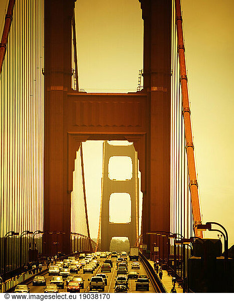 Golden Gate Bridge with rush hour traffic  San Francisco  California.