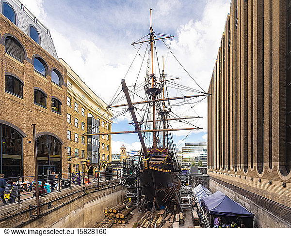 Golden Hinde on the bank side  copy of the first English vessel