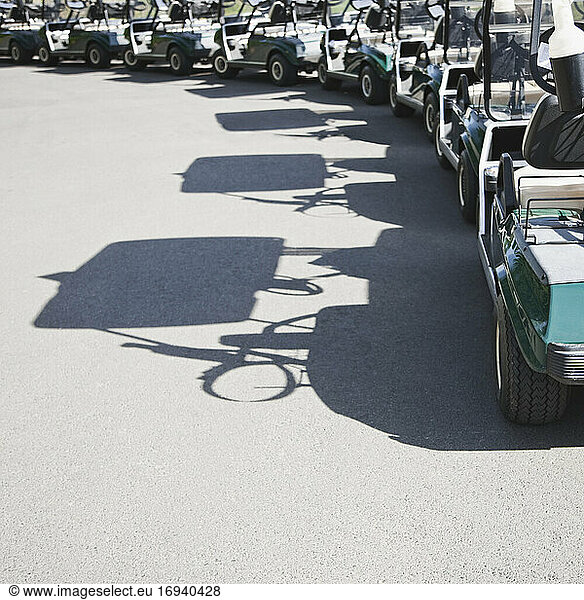 Golf buggies parked in a crescent.