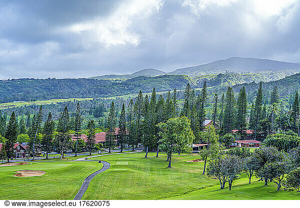 Golf course with buildings and tall trees on the island of Maui  with the West Maui Mountains as the backdrop; Kapalua  Maui  Hawaii  United States of America