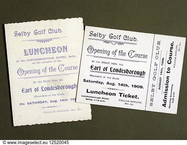 Golfkarten  die die Eröffnung des Golfplatzes Selby im Jahr 1909 dokumentieren. Künstler: Unbekannt