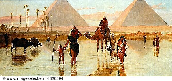 Goodall Frederick - Araber überqueren ein überschwemmtes Feld bei den Pyramiden - Britische und irische Schule - 19. und frühes 20.