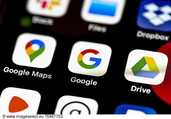Google App  App Icons auf einem Handy Display  iPhone  Smartphone  Nahaufnahme