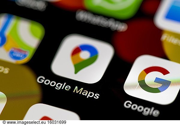 Google Maps Icon  App Icons auf einem Handy Display  iPhone  Smartphone  Nahaufnahme