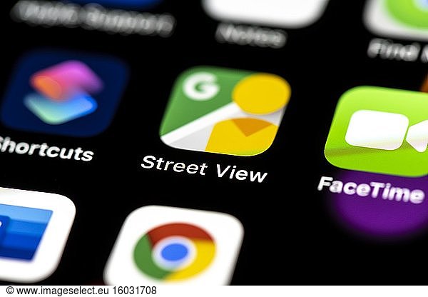 Google Street View  App Icons on a mobile phone display  iPhone  Smartphone  close-up