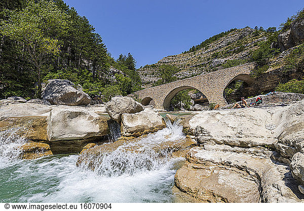 Gorges de la Meouge  the 14th century Romanesque bridge  Baronnies Provencal regional park  Hautes-Alpes  France