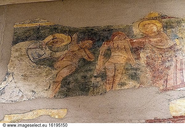 Gott segne Eva  Wandgemälde aus Ruesta  12. Jahrhundert  Fresko  abgerissen und auf Leinwand übertragen  aus der Kirche San Juan Bautista in Ruesta  Diözesanmuseum von Jaca  Huesca  Spanien.