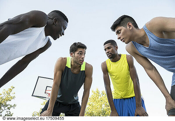 Goup of basketball players discussing strategy before the game  low angle view