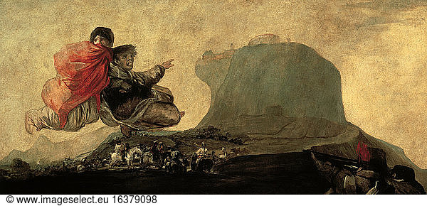 Goya  Francisco de 1746–1828.“Asmodea or “Al quelarre (Asmodi or “On Witch’s Sabbath )  1820/21. Oil on plaster on canvas  123 × 265 cm. From the series of “dark pictures on Goya’s House “Quinta del Sordo .Madrid  Museo del Prado.