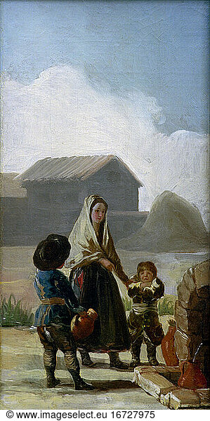 Goya  Francisco de 1746–1828. “Una mujer y dos niños junto a una fuente (A woman and two boys at a fountain)  1786. Oil on canvas  35.4 × 18.4 cm.
(cartoon for the Royal Tapestry Factory  series depicting the seasons for the Pardo palace  dining room).
Madrid  Thyssen-Bornemisza Museum.