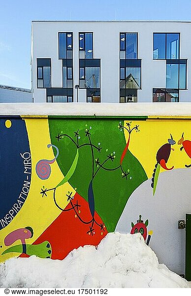Graffiti on kindergarten wall  Inspiration Miro  Kempten  Allgäu  Bavaria  Germany  Europe