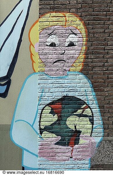 Graffito  Kind mit traurigem Gesicht hält Weltkugel  Erde in Flammen  Umweltzerstörung  Klimaschutz  Düsseldorf  Nordrhein-Westfalen  Deutschland  Europa