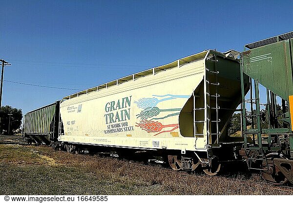 Grain Train rail car for transporting harvested grain to coastal ports for export from eastern Washington wheat farms.