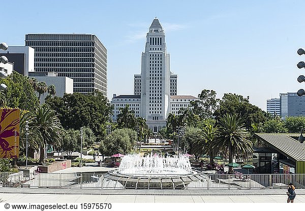 Grand Park with Los Angeles City Hall in the center  City Hall  downtown Los Angeles  Los Angeles  California  USA  North America