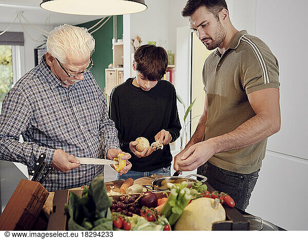 Grandfather  father and son preparing healthy meal in the kitchen together