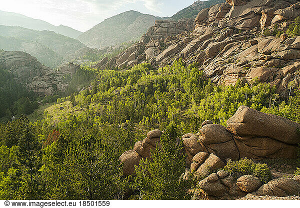 Granite rock formations fill a valley in Lost Creek Wilderness