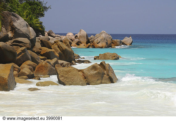 Granitfelsen und tropische Vegetation  Anse Georgette  Insel Praslin  Seychellen  Afrika  Indischer Ozean