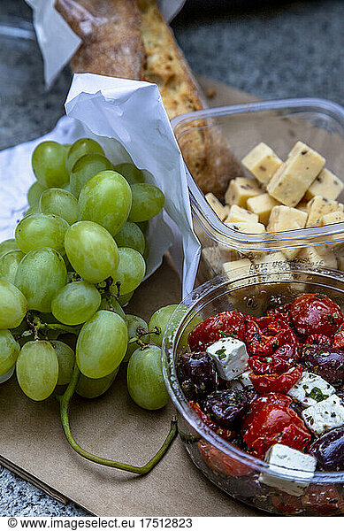 Grapes  cheese cubes and salad with tofu