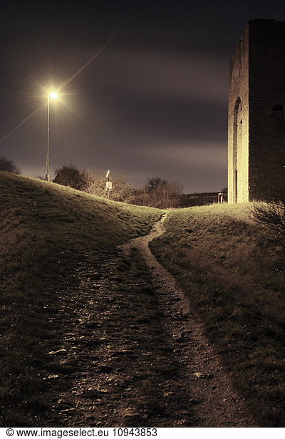 Grasfeld bei Nacht bei historischem Bauwerk