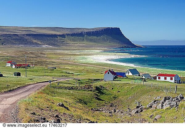 Gravel roads lead to a small village and a wide bay with sandy beach  Arctic  Westfjords  Latrabjarg  West Iceland  Iceland  Europe