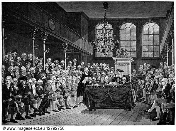 GREAT BRITAIN: PARLIAMENT. William Pitt addressing the House of Commons in 1793. Wood engraving after the painting  1793-95  by Karl Anton Hickel.