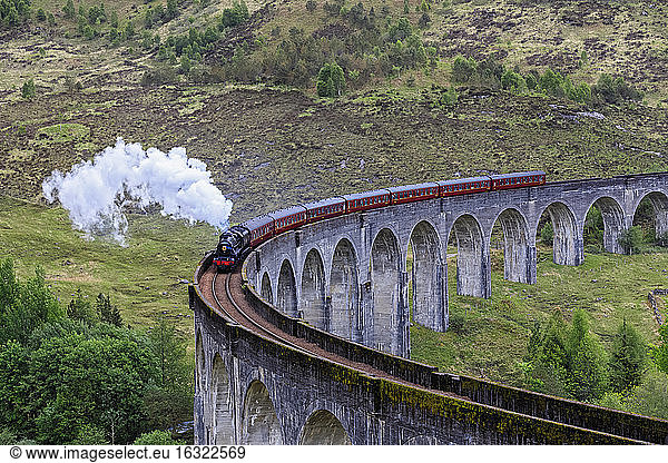 Great Britain  Scotland  Scottish Highlands  Glenfinnan  Glenfinnan Viaduct  West Highland Line  Steam engine The Jacobite
