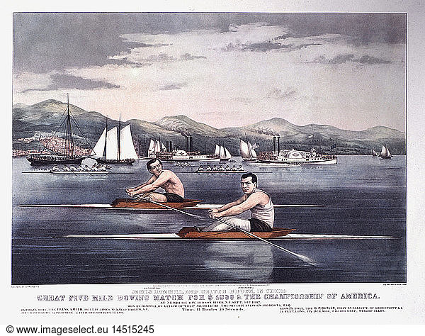 Great Five Mile Rowing Match for $4000 and the Championship of America  Hudson River  New York  Currier & Ives  Lithograph  1867