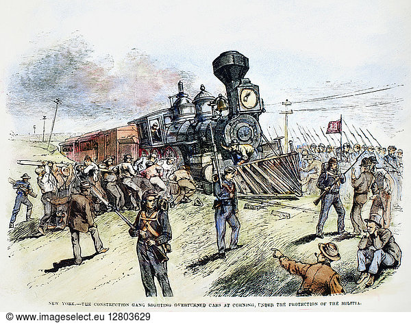 GREAT RAILROAD STRIKE  1877. Construction gang righting overturned cars at Corning  New York  under the protection of the militia during the Great Railroad Strike of 1877. Contemporary American wood engraving.